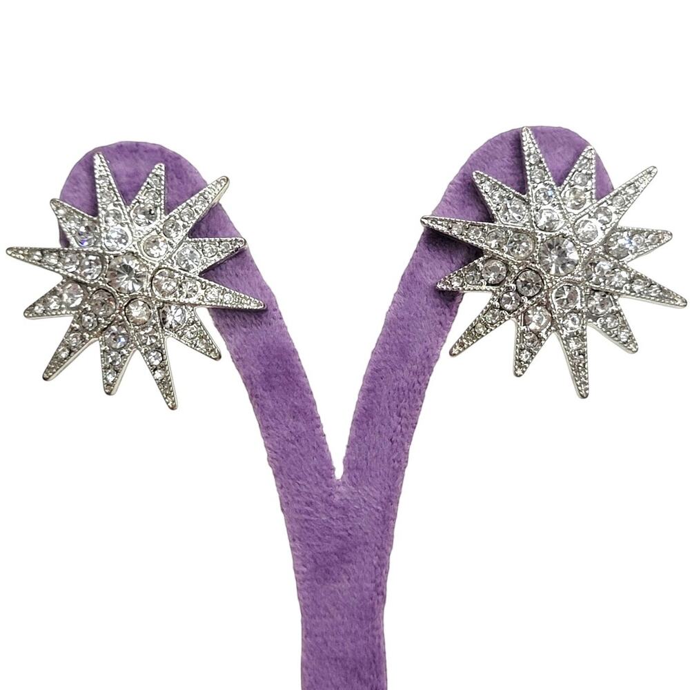 Kenneth Jay Lane KJL Silver Tone Rhinestone Starburst Celestial Stud Earrings